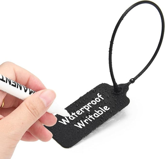 100 Black Blank Plastic Tags for Labeling Waterproof Hanging Labels Writable Tags Seal Plastic Marking Label for Clothes Bags Keys Inventory with One Marker Pen