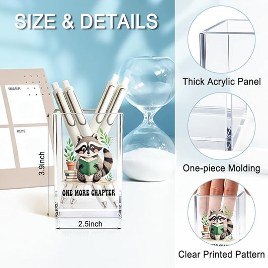 QYUVK One More Chapter Acrylic Pencil Holder Cup, Book Lover Gifts for Women, Funny Reading Raccoon Desk Organizer and Accessories for Raccoon Lover Bookish Bookworms Readers, Pen & Bookmark Holder