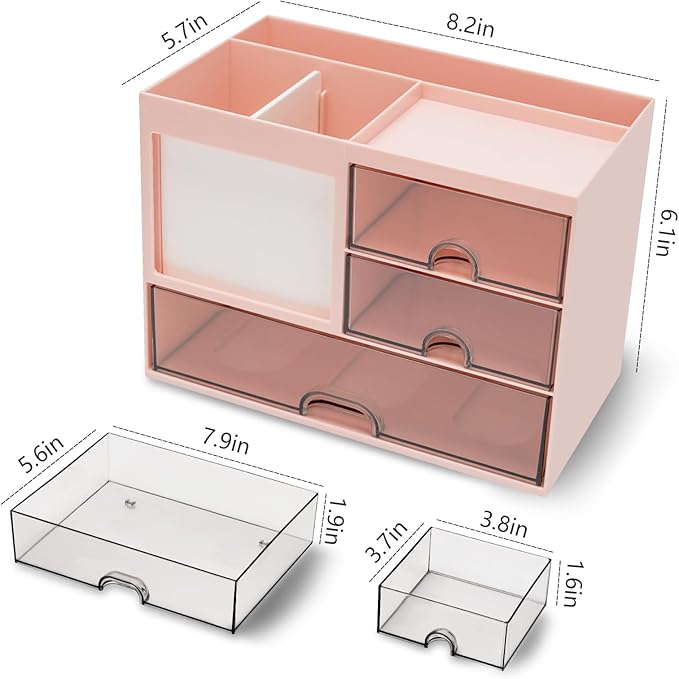 QIYVLOS Multi-Function Desk Organizer — 3 Drawers, 8 Compartments, Pink