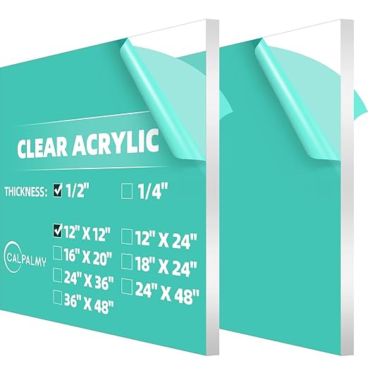 CALPALMY (2 Pack) 1/2" Thick Clear Acrylic Sheets - 12" x 12" Pre-Cut Plexiglass Sheets for Craft Projects, Acrylic Signs, Display Cases or Shelving and More - Easy to Cut with Power Saw etc
