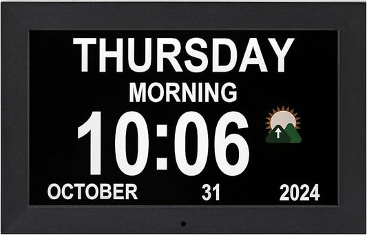Memwake Digital Alarm Clock, Multiple Alarm Functions, Clock with Date and Week, Digital Alarm and Electronic Calendar for Seniors (White, 7 inch) (10-inch Black)