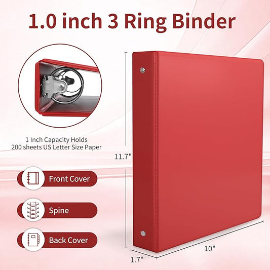 SUQJOY 1-inch 3 Ring Binder with 2 Inside Pockets, 1'' Basic Binders Holds US Letter Size 8.5'' x 11'' Paper - Versatile Binders for Office, School and Home Use (Pack of 12, Assorted Color)