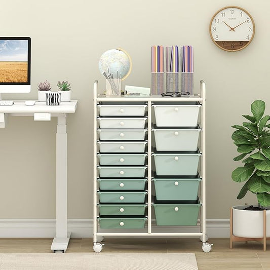 DORTALA 15-Drawer Rolling Storage Cart with Drawers, Rolling Utility Cart w/Removable Drawers & Universal Wheels, Tools Scrapbook Paper Organizer for School, Office, Home, Classroom (Gradient Green)