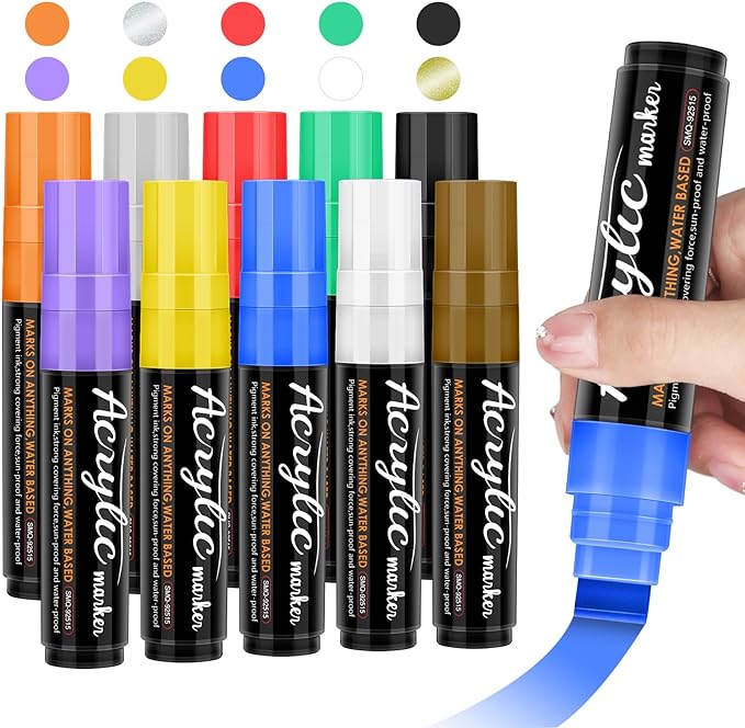 Jesew Acrylic Paint Markers, 10 Jumbo Colored Markers, 15mm Jumbo Felt Tip, Waterproof and Permanent Ink Paint Pens for Rock Painting, Stone, Ceramic, Glass, Wood, Canvas, Outdoor Paintings,Signs