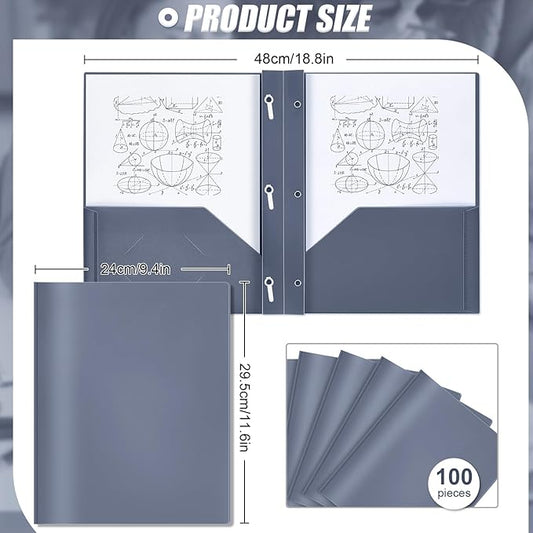 Lincia 100 Pcs Plastic Folders with Pockets and Prong Folders with Prongs 2 Pockets for Office, School for Students, Teachers, Office Workers(Grey Blue)