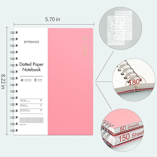 EMSHOI A5 Spiral Notebook Bullet Dotted journal, Small 5.7" X 8.22", 300 Pages/150 Sheets, 100gsm Dot Grid Paper, Waterproof Hardcover, for Office School Women Men Work Writing Notes-Pink