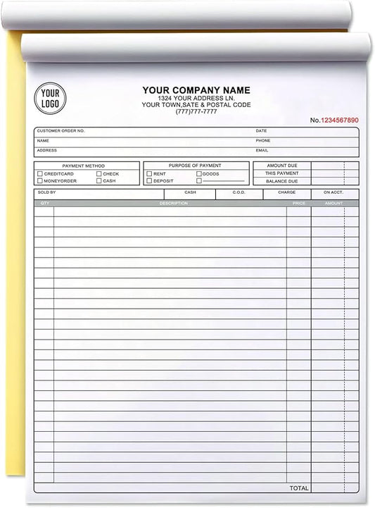 Custom Invoice Book with Logo 100 Set Personalized Receipt Books Customized Invoices for Small Business 2 - Parts Carbonless Duplicate Invoice Forms NCR Books