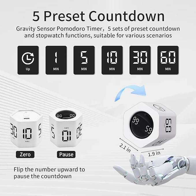 Productivity Timer Flip Gravity Sensor Cube Timer Countdown & Countup,Mute & Vibrate & Sound，5/10/30/60min & Custom Timing, Perfect for ADHD,Work,Learning,Kitchen Cooking (2, White Hexagon)