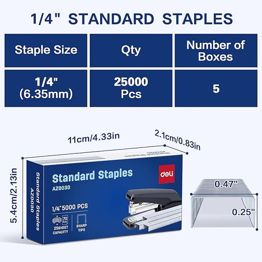 Deli Staples, 25000 Staples, Standard Staple for Desktop Staplers, 1/4'' Length, 210/Strip, 5 Boxes of 5000 Each