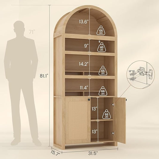 81" Tall Arched Cabinets,Bookcase with storage,Mid-Century Modern 6-Tier Bookshelf with Door,2 Book Risers and Adjustable Shelves offering more storage space for Living Room,Kitchen,Home Office,Oak