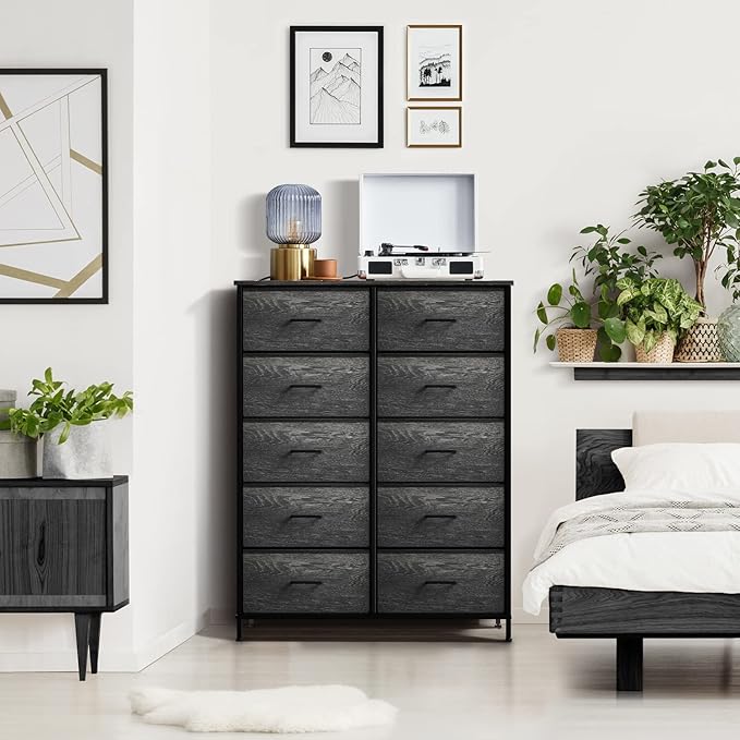 Sorbus Dresser with 10 Faux Wood Drawers - Chest Organizer Unit with Steel Frame Wood Top & Handle Easy Pull Fabric Bins for Clothes - Storage Furniture for Bedroom, Hallway, Living Room & Closet