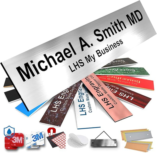Door Name Plate Personalized for Office Brushed Steel Plastic Name Plate Black Letters - Made in USA 2x6 M1