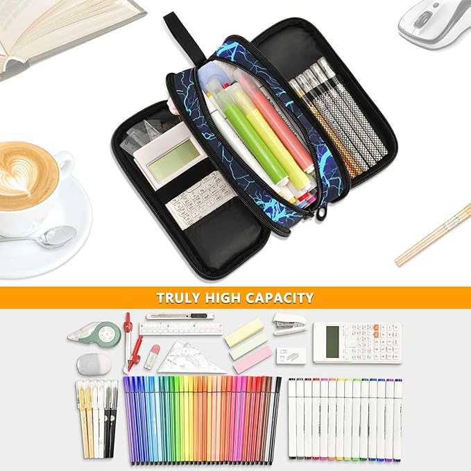 BOENLE Custom Dark Blue Electric Lightning Pencil Case Box Boys Girls Personalized Name Large Pencil Pouch Stationery Pen Bag Organizer for Kids Adults School Office
