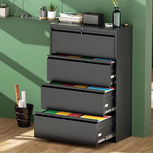 Greenvelly 4 Drawer File Cabinet, Metal Filing Cabinet with Lock, Black Lateral File Cabinet for Home Office, Locking File Cabinet for Letter/Legal/F4/A4 Size Hanging Files, Easy Assembly
