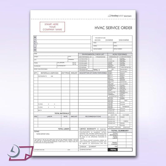 HVAC Service Order Invoice & Repair Detail Form, 3 Part Forms Carbonless (No Company Name Printed) 100 Sets