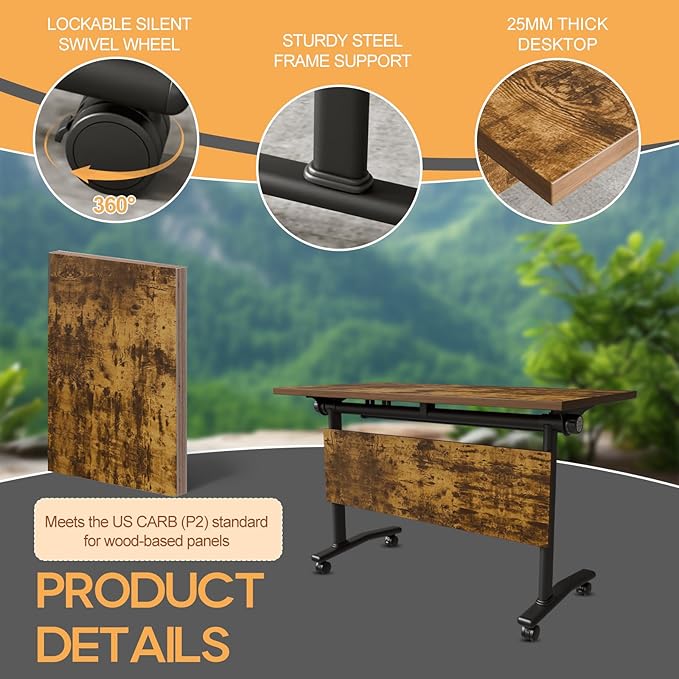 Folding Conference Table 4ft 5ft, Foldable Office Meeting Desk for 6 People, Multiple Sizes Colors Mobile Conference Room Table for Training Room School Business Furniture (2, Brown, 55in)