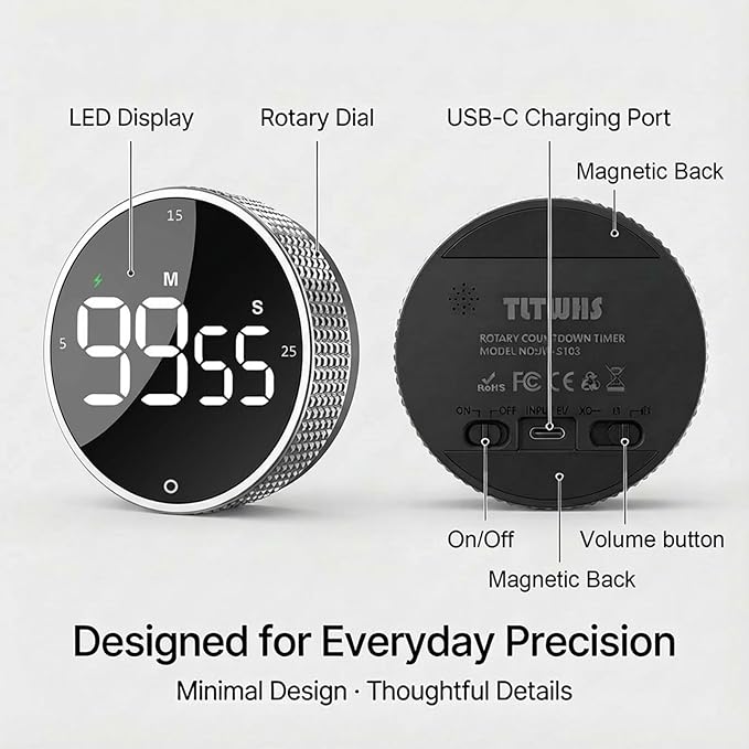 Rechargeable Magnetic Kitchen Timer,LED Countdown/Up Timer, Supports USB-C Charging,with Loud Alarm,3 Preset Quick Times(5/15/25m),Perfect for Kitchen Cooking, Studying, and Fitness (Silver)