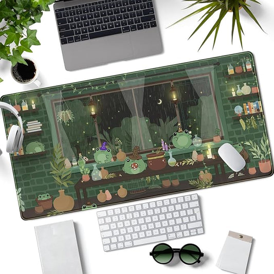 Mechanical Cattle Cute Desk Mat Kawaii Frog Mouse Pad Green Desk Anime Mat Large Gaming Mouse Pad Desk Computer Keyboard Pad Desk Home Office Accessories Girl Stitched Eges (31.5x15.7 in) WER236