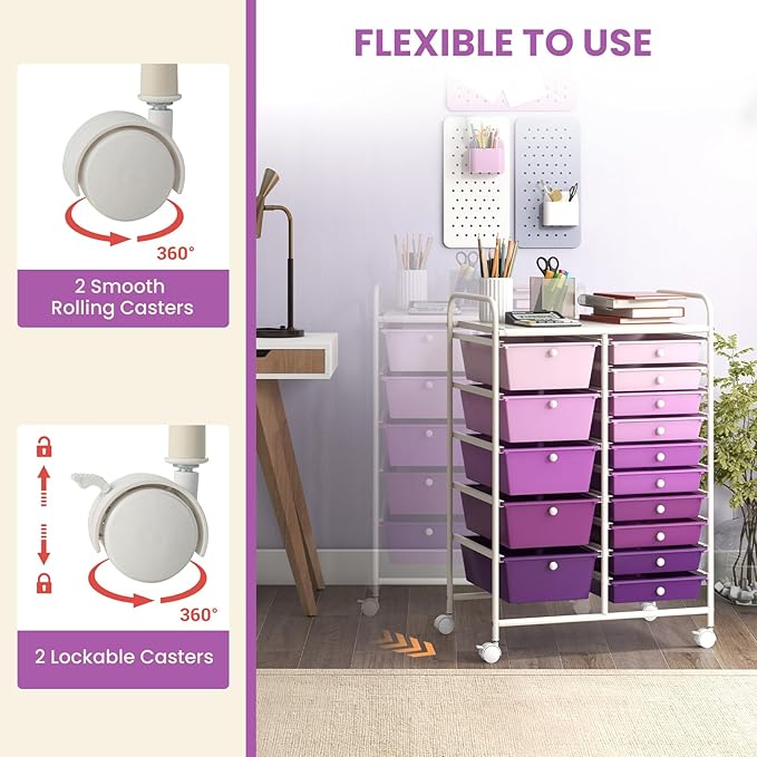 DORTALA 15-Drawer Rolling Storage Cart with Drawers, Rolling Utility Cart w/Removable Drawers & Universal Wheels, Tools Scrapbook Paper Organizer for School, Office, Home, Classroom (Gradient Purple)