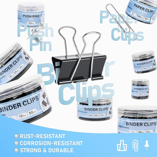 WORPSON 408 PCS Binder Clips Paper Clamps Assorted Sizes and Push Pins, Binding Paperwork Clamp Bulk, School Teachers Office Supplies (Black)