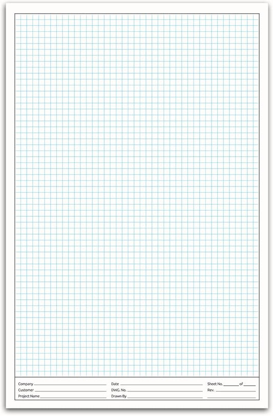11x17" Graph Paper Pad, for Blueprint Drawings, Drafting, Engineering & Planning, with header for documentation. Quadrille grid paper pads with blue lines, high brightness, 50 sheets per pad (5 Pads)