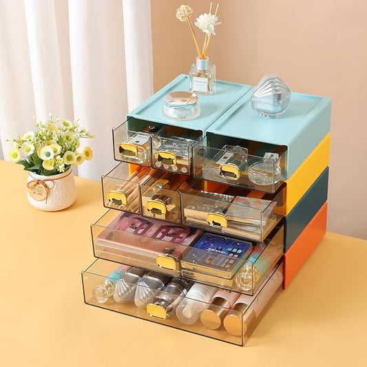 OSteed Spacious Desktop Storage Box, 1 Large 1 Middle & 2 Small Storage Drawers, Stackable Office Desk Drawer Organizer and Accessories, Printer Paper Organizer, Orange Plastic Drawers for Workspace