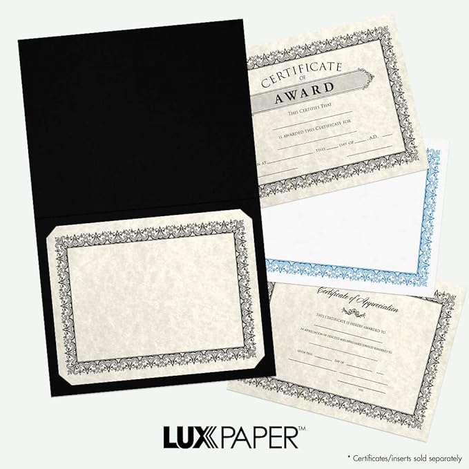 LUXPaper 9.5" x 12" Certificate Holders | Black Linen | Embossed Gold Foil Floral Border | 100lb. Cover | 25 Qty