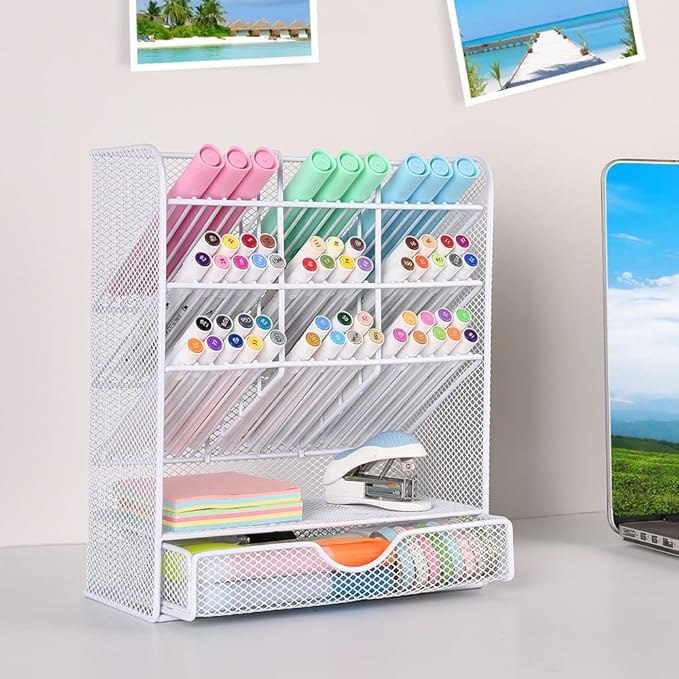 Spacrea Pen Holder Desk Organizer - Desk Organizers and Accessories, Pencil Holder with 10 Compartments and 1 Drawer（White）