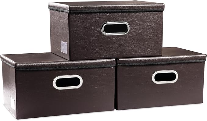 PRANDOM Collapsible Storage Box with Lid [3-Pack] Leather Fabric Foldable... (..