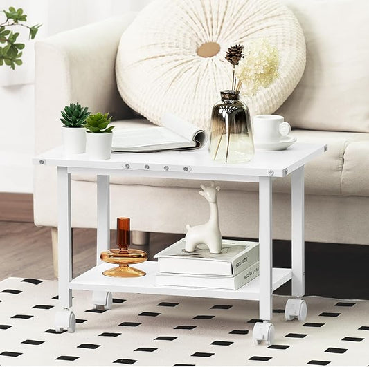 Lerliuo Under Desk Printer Stand, 2-Tier Industrial Mobile Printer Table with Storage Shelf and Steel Frame, Rolling Printer Cart Holder with Lockable Wheels for Home, Office (White)