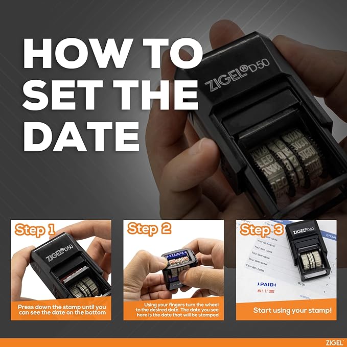 ZIGEL D50 Date Stamp with Phrase - Self Inking Date Stamp - Black (Blue/Red, Approved)