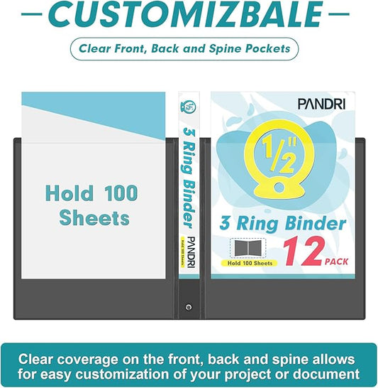 3 Ring Binder 0.5 Inch, PANDRI 12 Pack 0.5-Inch Binder Fits Letter Size 8.5'' x 11'' Paper, Versatile Binders for Office Home School, 2 Pockets, Black