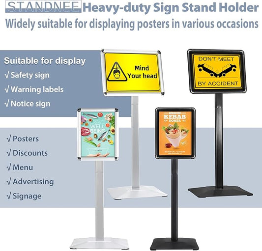 STANDNEE Heavy-duty Poster Stand Holder 11"x 17" Pedestal Floor Standing Sign Holder Vertical and Horizontal View Sign Display, Aluminum Snap Open Frame with Safety Corner, Silver (3 Packs)