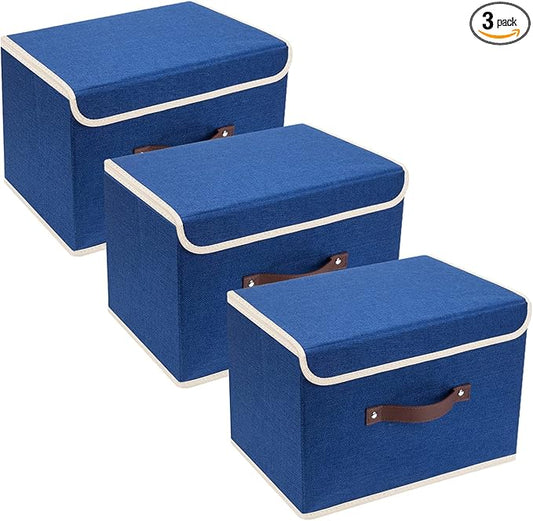 TYEERS Collapsible Storage Boxes, Washable Fabric Storage Bins with Lids, 14.9x9.8x9.8 inches, 3 Pack, Classic Blue