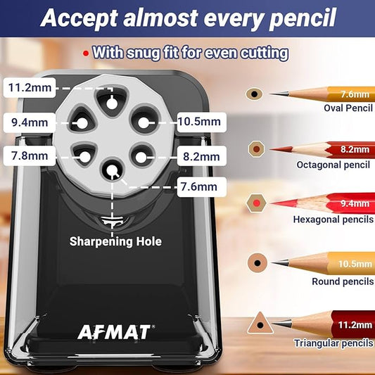 AFMAT Electric Pencil Sharpener Heavy Duty, 6 Holes, Auto Stop Pencil Sharpener, Classroom Electric Sharpener for 6-11mm Colored Pencils, 7000 Sharpenings, Fast Sharpen, Do not Eat up Pencils PSX1