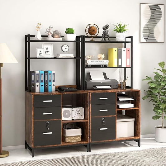 Livofloral Filing Cabinet with Charging Station, Files Cabinet with Shelves, 3 Drawer Office Organization, Printer Stand with Storage Shelves for Home Office, Lockable File Cabinets for Letters, Brown