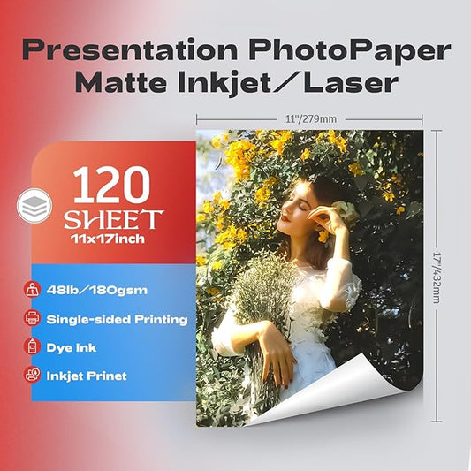 HARTWII 120 Sheets Matte Presentation Paper 11x17 48lb 180gsm Photo Paper for All Dye Ink Inkjet Printers