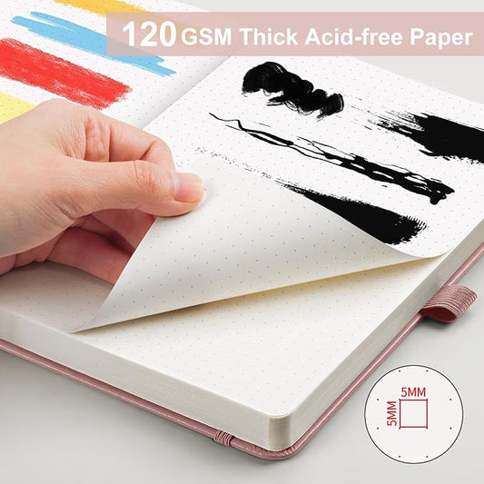 AHGXG Bullet Dotted Journal - Dot Grid Notebook Journal, 120 GSM Thick Acid-Free Paper, A5 Dotted Notebook 160 Pages, Leather Hardcover, Inner Pocket, Journal Stencil, 5.7'' × 8.3'' - Rose Gold