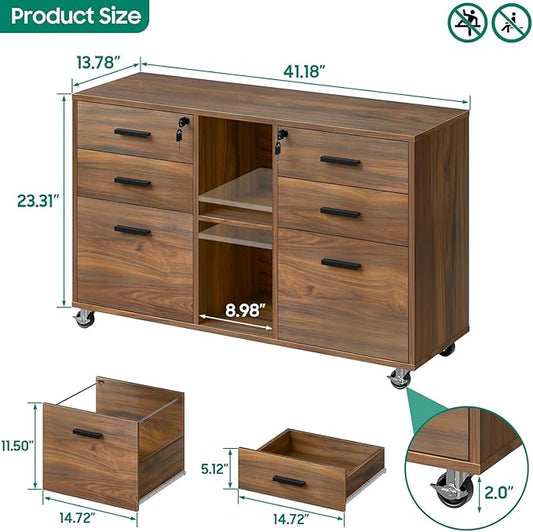 Lateral File Cabinet with Lock, Large Mobile Storage Filing Cabinet with 6 Drawers Fits Files Letter/A4 Size, Rolling Printer Stand with Open Storage Adjustable Shelf for Home Office, Brown