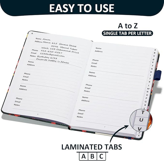 Comkiso Address Book with Individual Alphabetical Tabs Laminated, Large Print Address Book with 468 Wide Lining Entry Spaces, Change of Address Labels, Hardcover Address Book 5.7 x 8.5" - Floral