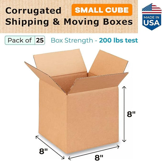 Small Cube Moving & Shipping Boxes 8"L x 8"W x 8"H (25-Pack) - Extra Strength 200 lb vs Regular - Corrugated Boxes for Packaging Moving Supplies - Moving Box - Small Box by IDL Packaging