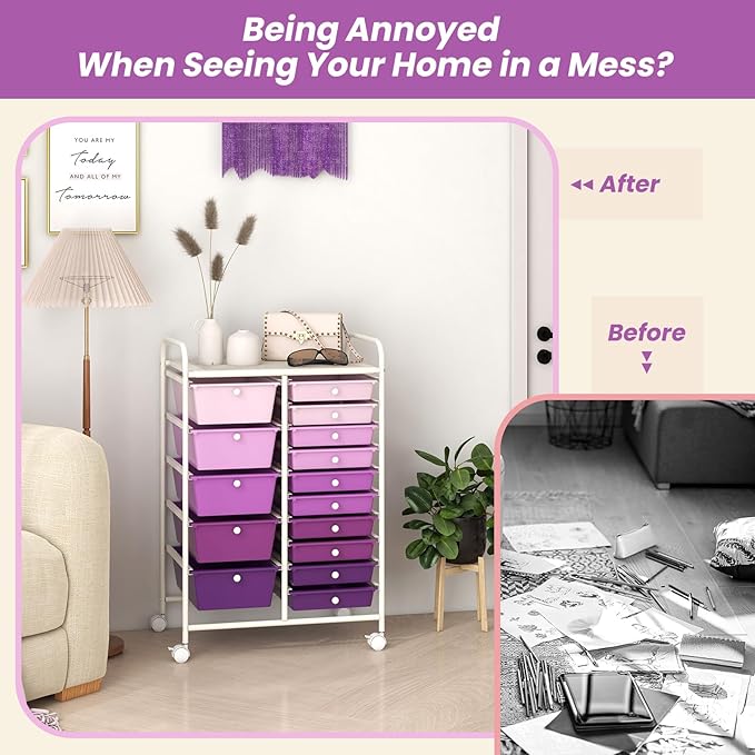DORTALA 15-Drawer Rolling Storage Cart with Drawers, Rolling Utility Cart w/Removable Drawers & Universal Wheels, Tools Scrapbook Paper Organizer for School, Office, Home, Classroom (Gradient Purple)