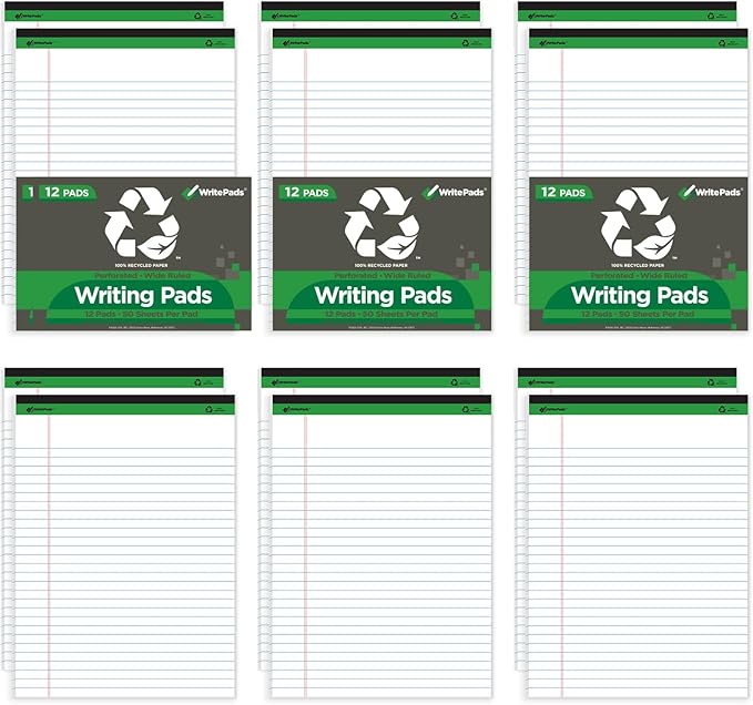 KAISA White Legal Pads Writing Pads Recycled Paper 5"x8" Narrow Ruled Lined Paper Small Legal pad Perforated 50 sheets Hard Back Notepads Writing Tablet For Office Supplies Study (White 12pads)