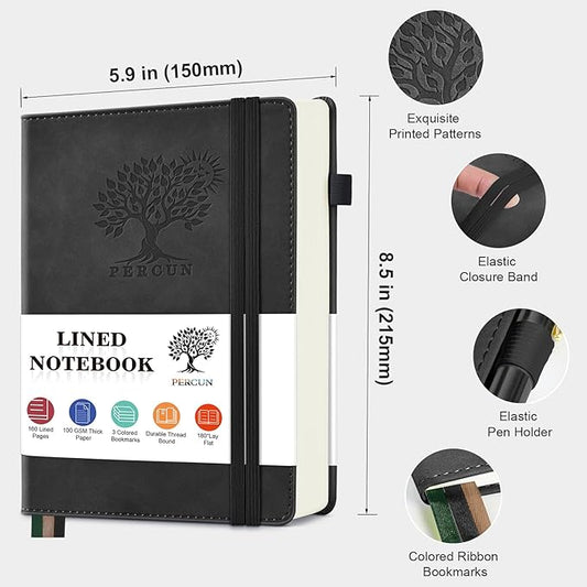 PERCUN Lined Journal Notebook for Men & Women, 160 Pages College Ruled Journal for Writing, A5 Hardcover Leather Notebooks for Work, School, Business, Travel, Daily Diary 5.9" x 8.5" (Black)