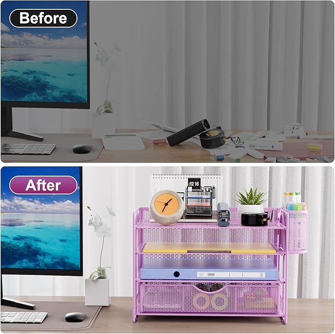 Marbrasse 4-Trays Desk File Organizer with 2 Pen Holder (Purple, Letter)
