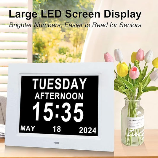 TMC 8 Inch Digital Dementia Clock for Seniors, Large Calendar with Day Date & Week Display, 5 Alarms + 3 Medicine Reminders, Plays SD Card Video, Wall Mountable, Detachable Stand (White, SD)