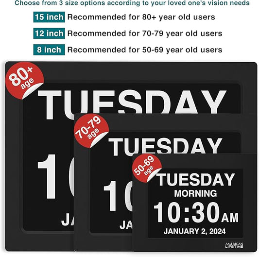 American Lifetime New 2026 Dementia Clock Large Digital Clock for Seniors, Alzeimer Clock Large Display with Custom Alarms, Clock with Day & Date for Elderly, Digital Calendar Mahogany, 15 Inch