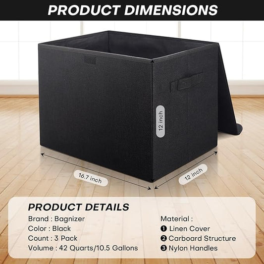 Bagnizer Large 17" 42 Quarts Collapsible Stackable Storage Bins with Lids [3-Pack] Foldable Fabric Linen Storage Boxes Cube, Closet Organizer Baskets with Label (16.7 x 12 x 12, Black)