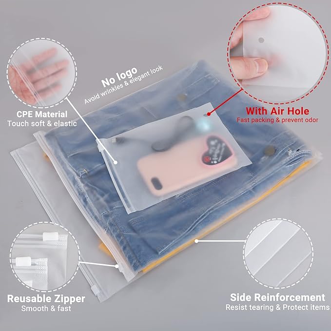 Svaldo Frosted Poly Bags, 100PCS 6x9 Bags, Sock Packaging Zipper Storage Bags, Small Zip Lock Plastic Bag for Packing Gloves, Phone Case, Sunglasses, Mittens, Clear Zip Bags with Vent Holes, 3 Mil
