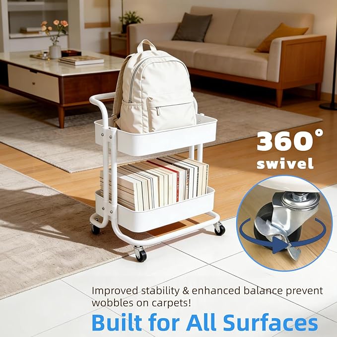 Ufriandz 2 Tier Cart with Wheels Under Desk Storage with Handle, Metal Rolling Pantry Cart for Kitchen White Small Rolling Basket for Laundry Room Bathroom, Utility Shelf Organizer for Small Space